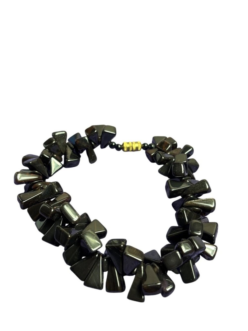 Vintage Artisan Chunky Black Red Stone Chip Bracelet Goldtone Barrel Clasp 7.5"